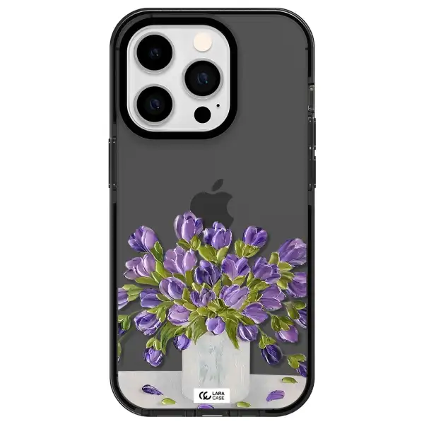 a bunch of purple flowers Apple iPhone 14 pro impact Smoke Black Case