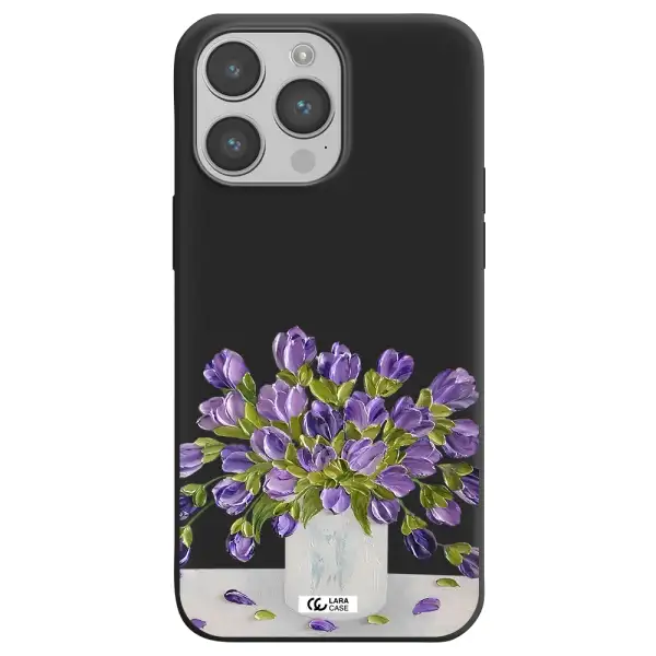 a bunch of purple flowers Apple iPhone 14 pro max Silicone black Case