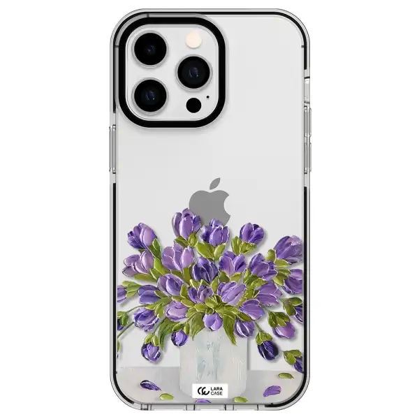 a bunch of purple flowers Apple iPhone 15 Pro impact black border Case