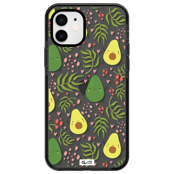 a pattern of avocado and leaves Apple iPhone 12 impact Smoke Black Case