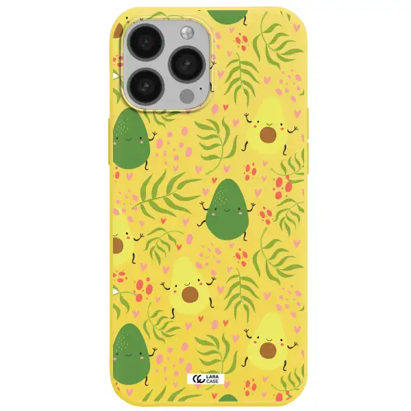 a pattern of avocado and leaves Apple iPhone 13 Pro Max Silicone canary yellow Case