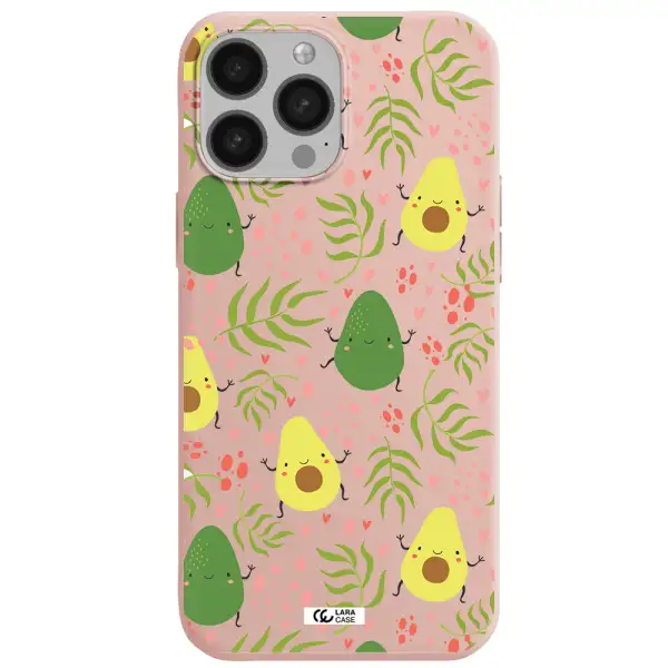 a pattern of avocado and leaves Apple iPhone 13 Pro Max Silicone pastel pink Case