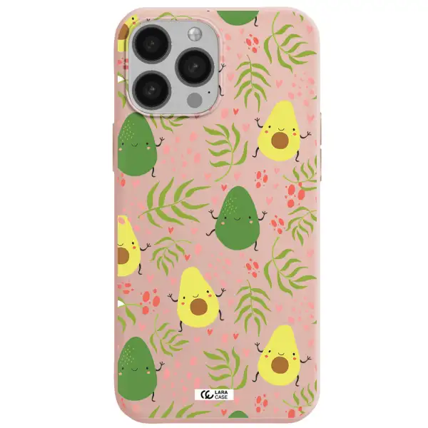 a pattern of avocado and leaves Apple iPhone 13 Pro Silicone pastel pink Case