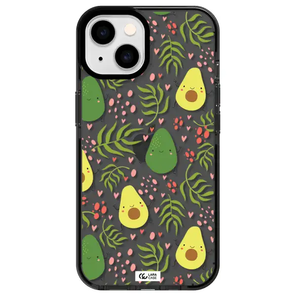 a pattern of avocado and leaves Apple iPhone 14 impact Smoke Black Case