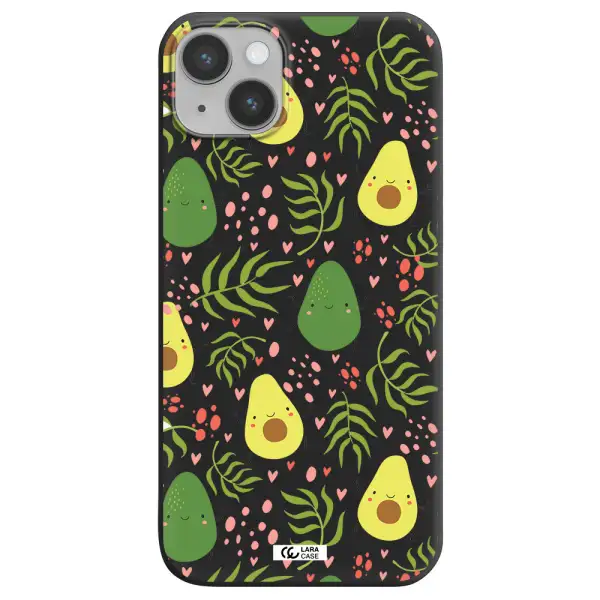 a pattern of avocado and leaves Apple iPhone 14 plus Silicone black Case