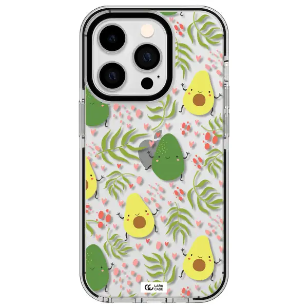 a pattern of avocado and leaves Apple iPhone 14 pro impact black border Case