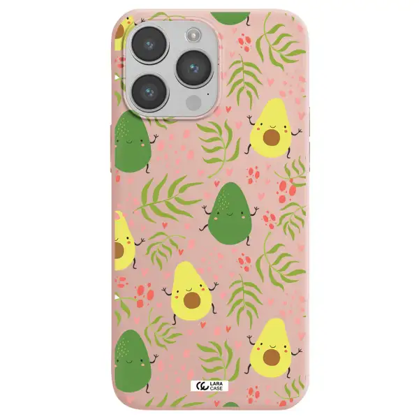 a pattern of avocado and leaves Apple iPhone 14 pro Silicone pastel pink Case