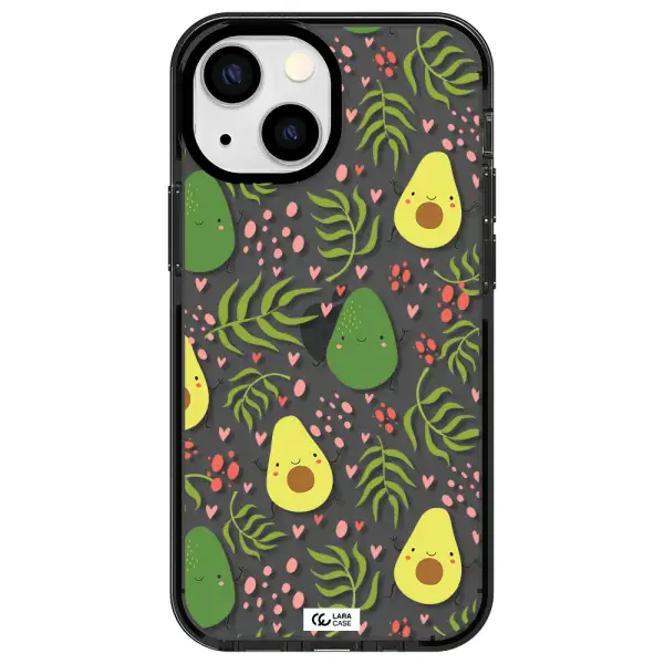 a pattern of avocado and leaves Apple iPhone 15 impact Smoke Black Case
