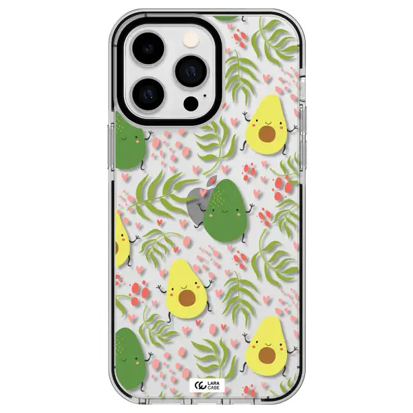 a pattern of avocado and leaves Apple iPhone 15 Pro Max impact black border Case