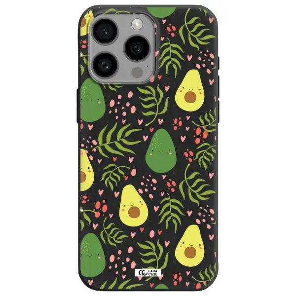 a pattern of avocado and leaves Apple Iphone 15 Pro max Silicone black Case
