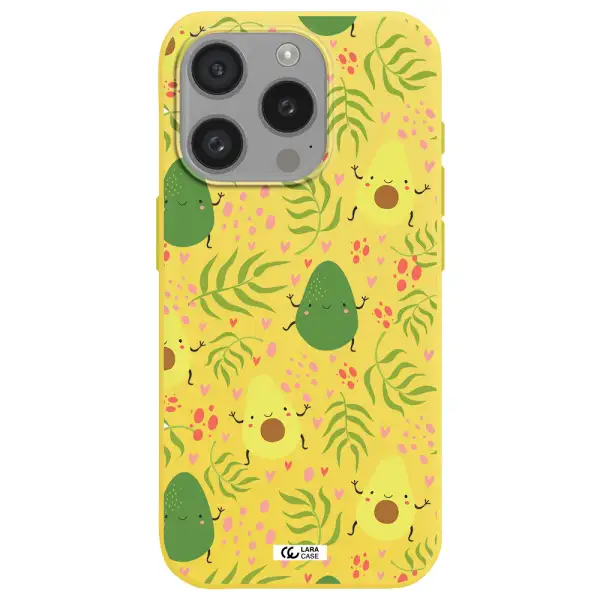 A Pattern Of Avocado And Leaves Apple Iphone 15 Pro Silicone Canary Yellow Case