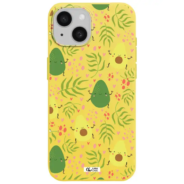 a pattern of avocado and leaves Apple iPhone 15 Silicone canary yellow Case