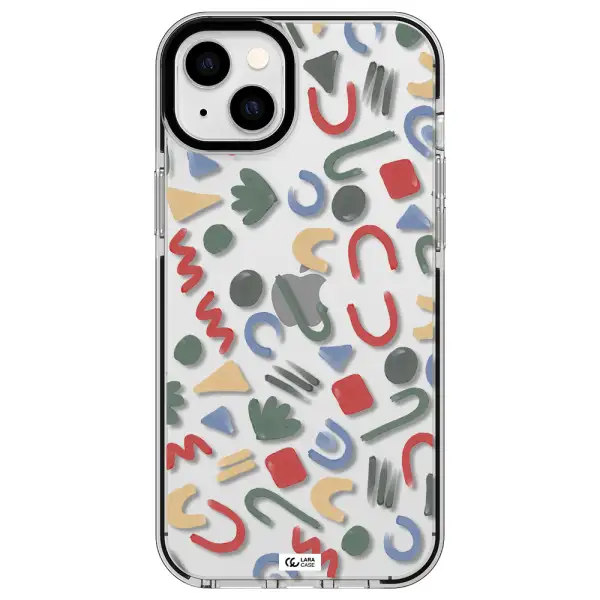 a pattern of colorful shapes Apple iPhone 14 plus impact black border Case