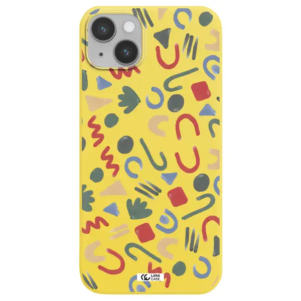 a pattern of colorful shapes Apple iPhone 14 plus Silicone canary yellow Case