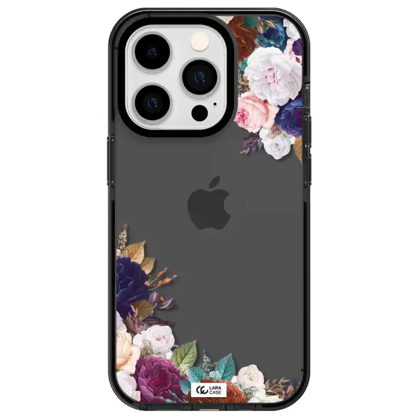 a corner of flowers with leaves Apple iPhone 14 pro impact Smoke Black Case