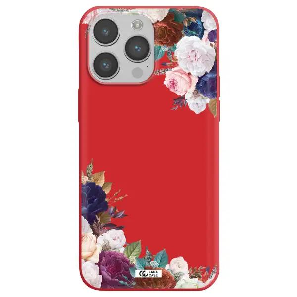 a corner of flowers with leaves Apple iPhone 14 pro Silicone Imperial Red Case