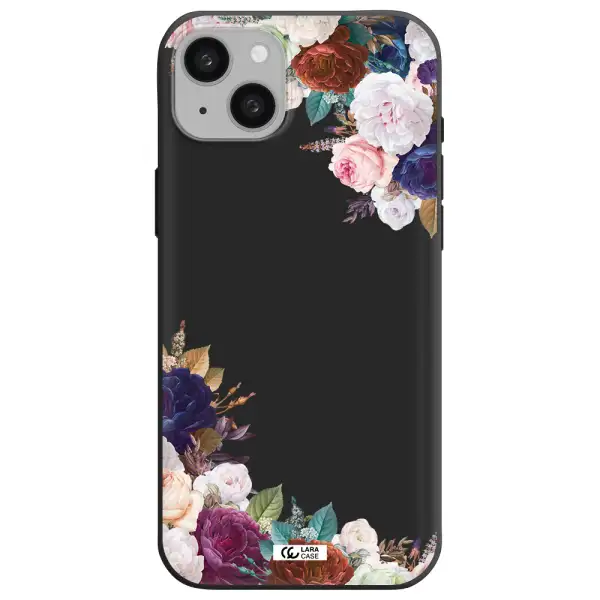 a corner of flowers with leaves Apple iphone 15 plus Silicone black Case