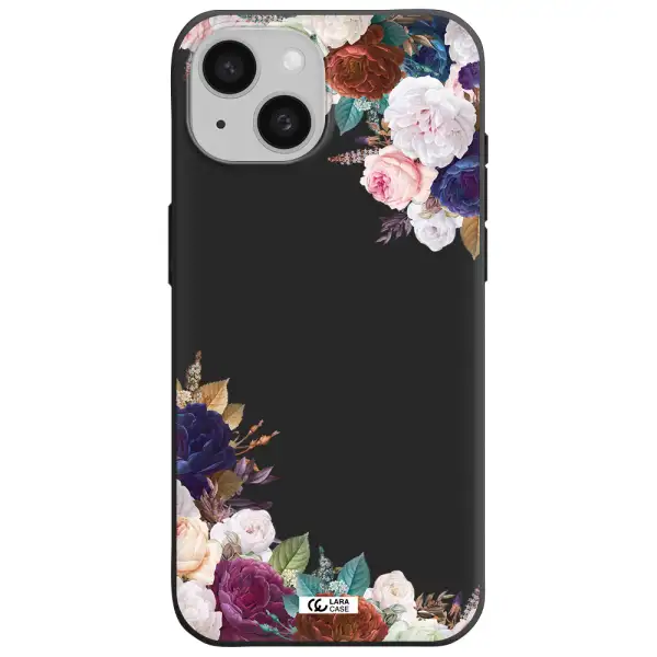 a corner of flowers with leaves Apple iPhone 15 Silicone black Case