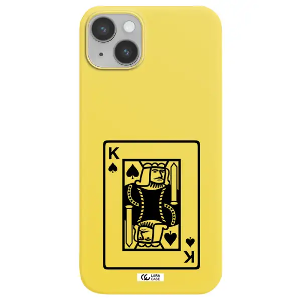 a black and white card with a man in a crown Apple iPhone 14 plus Silicone canary yellow Case