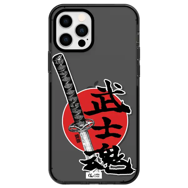 a sword with a red circle and hieroglyph Apple iPhone 12 pro impact Smoke Black Case