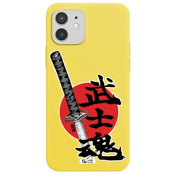 a sword with a red circle and hieroglyph Apple iPhone 12 Silicone canary yellow Case