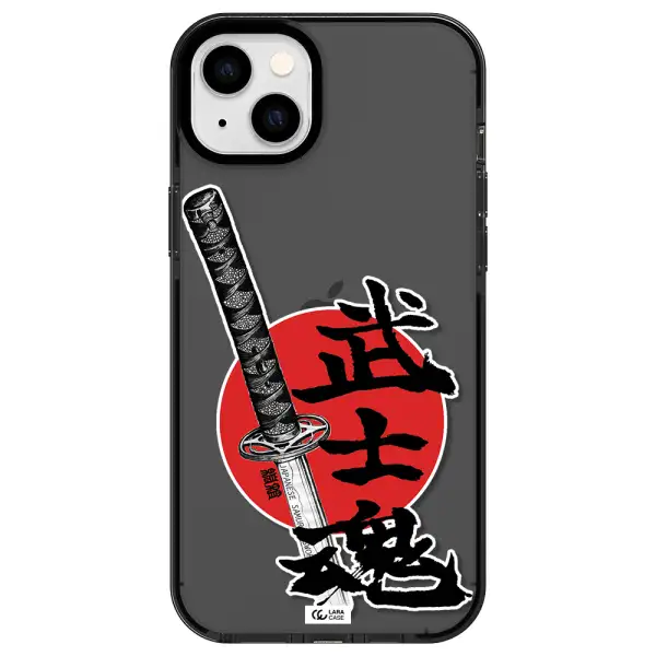 a sword with a red circle and hieroglyph Apple iPhone 14 plus impact Smoke Black Case