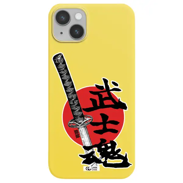 a sword with a red circle and hieroglyph Apple iPhone 14 plus Silicone canary yellow Case