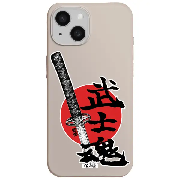 a sword with a red circle and hieroglyph Apple iPhone 15 Silicone Stone Case