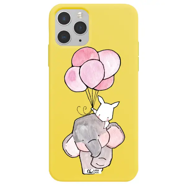 a cartoon elephant and donkey holding balloons Apple iPhone 11 pro Silicone canary yellow Case