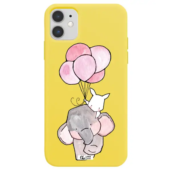 a cartoon elephant and donkey holding balloons Apple iPhone 11 Silicone canary yellow Case