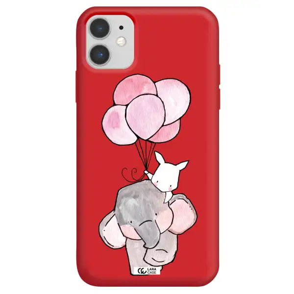 a cartoon elephant and donkey holding balloons Apple iPhone 11 Silicone Imperial Red Case