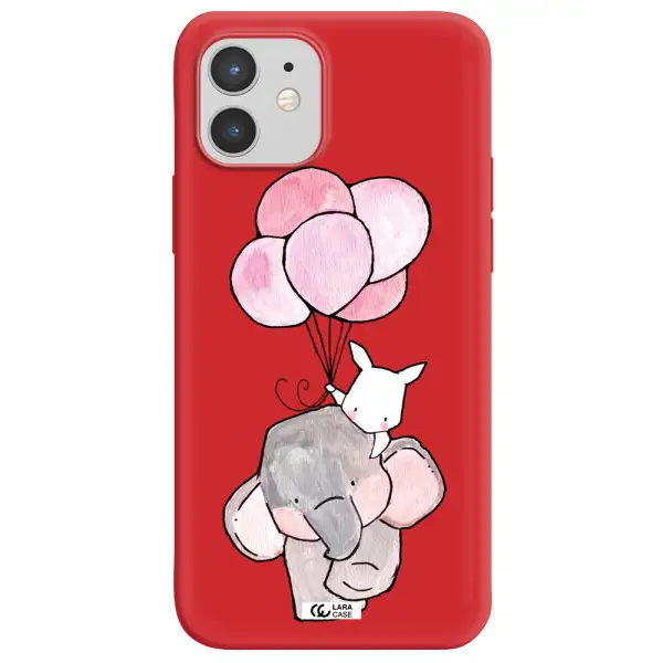 a cartoon elephant and donkey holding balloons Apple iPhone 12 mini Silicone Imperial Red Case