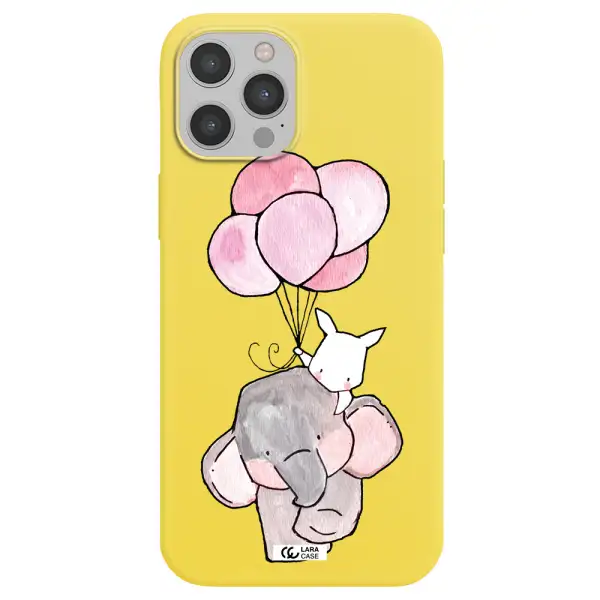 a cartoon elephant and donkey holding balloons Apple iPhone 12 pro Silicone canary yellow Case