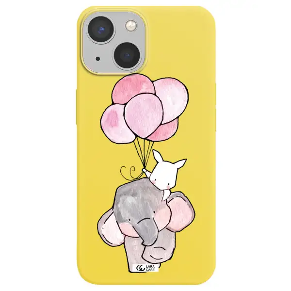 a cartoon elephant and donkey holding balloons Apple iPhone 13 mini Silicone canary yellow Case