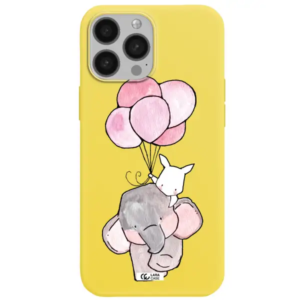 a cartoon elephant and donkey holding balloons Apple iPhone 13 Pro Max Silicone canary yellow Case