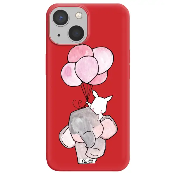 a cartoon elephant and donkey holding balloons Apple iPhone 13 Silicone Imperial Red Case