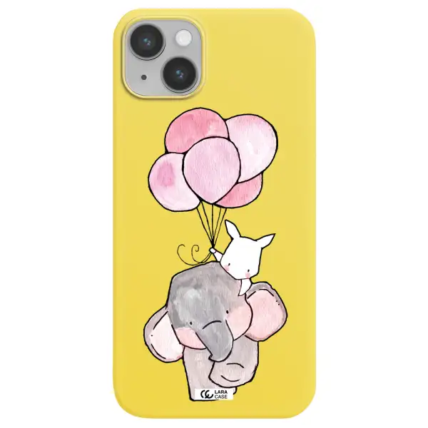 a cartoon elephant and donkey holding balloons Apple iPhone 14 Silicone canary yellow Case