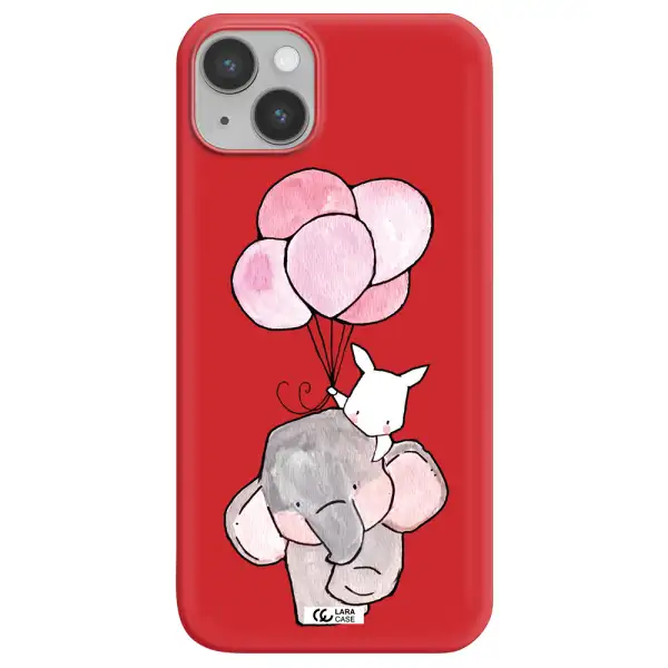 a cartoon elephant and donkey holding balloons Apple iPhone 14 Silicone Imperial Red Case