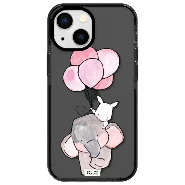 a cartoon elephant and donkey holding balloons Apple iPhone 15 impact Smoke Black Case