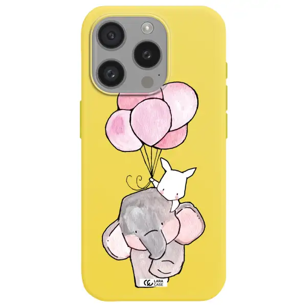 A Cartoon Elephant And Donkey Holding Balloons Apple Iphone 15 Pro Silicone Canary Yellow Case