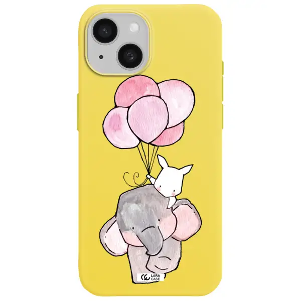 a cartoon elephant and donkey holding balloons Apple iPhone 15 Silicone canary yellow Case