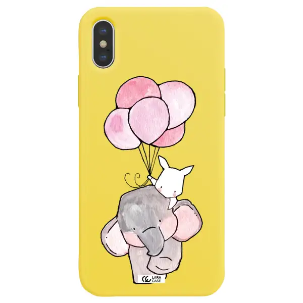 a cartoon elephant and donkey holding balloons Apple iPhone X Silicone canary yellow Case