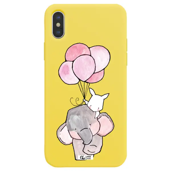 a cartoon elephant and donkey holding balloons Apple iPhone XS Silicone canary yellow Case