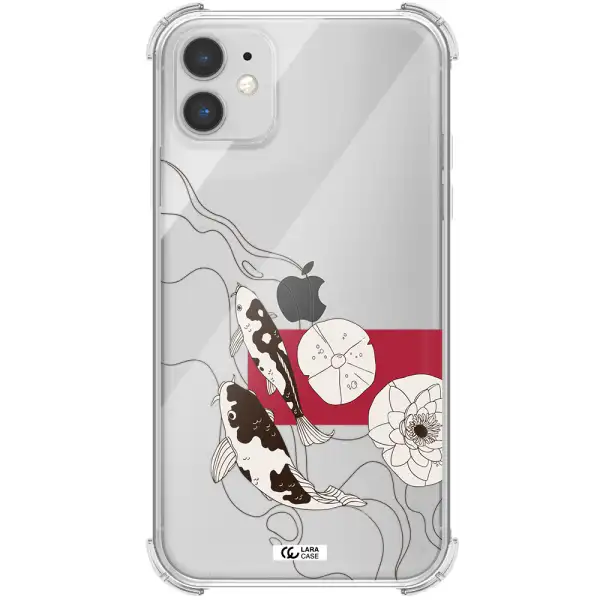 a black and white illustration of fish and flowers Apple iPhone 11 Clear PC Case