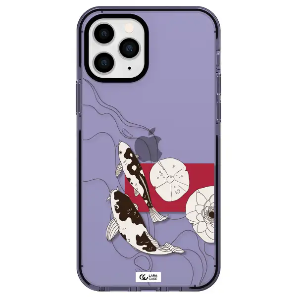 a black and white illustration of fish and flowers Apple iPhone 11 pro impact Lilac Case