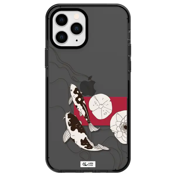 a black and white illustration of fish and flowers Apple iPhone 11 pro max impact Smoke Black Case