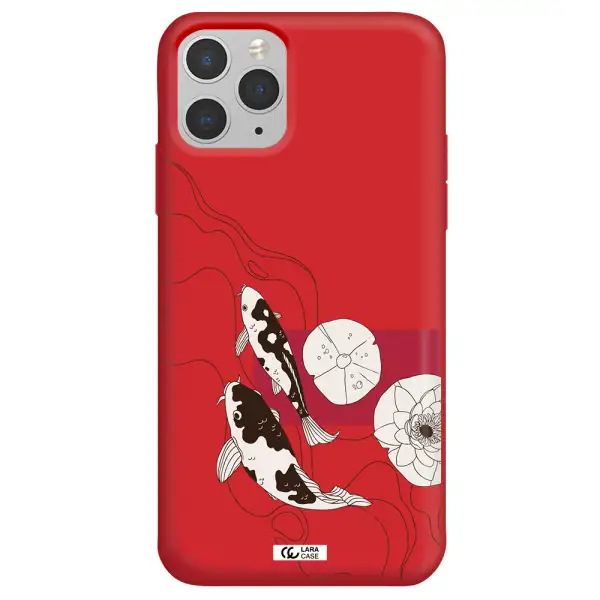 a black and white illustration of fish and flowers Apple iPhone 11 pro max Silicone Imperial Red Case