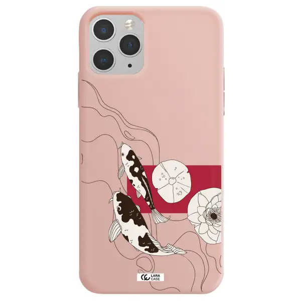 a black and white illustration of fish and flowers Apple iPhone 11 pro max Silicone pastel pink Case