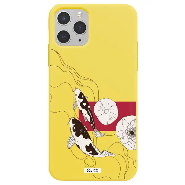 a black and white illustration of fish and flowers Apple iPhone 11 pro Silicone canary yellow Case
