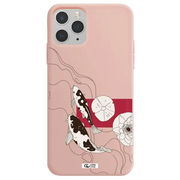 a black and white illustration of fish and flowers Apple iPhone 11 pro Silicone pastel pink Case